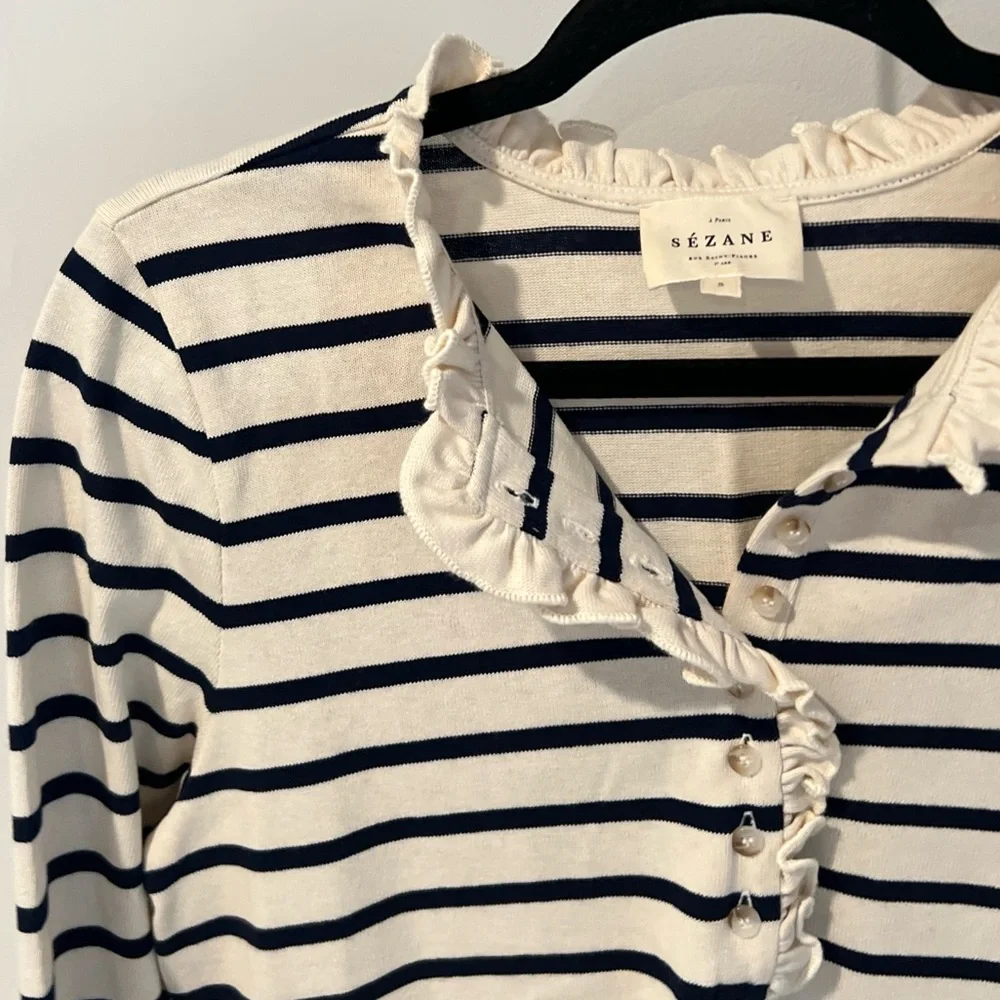🆕 Sézane Gael Marinere Long Sleeve Shirt in Ecru Navy Small - Picture 7 of 9